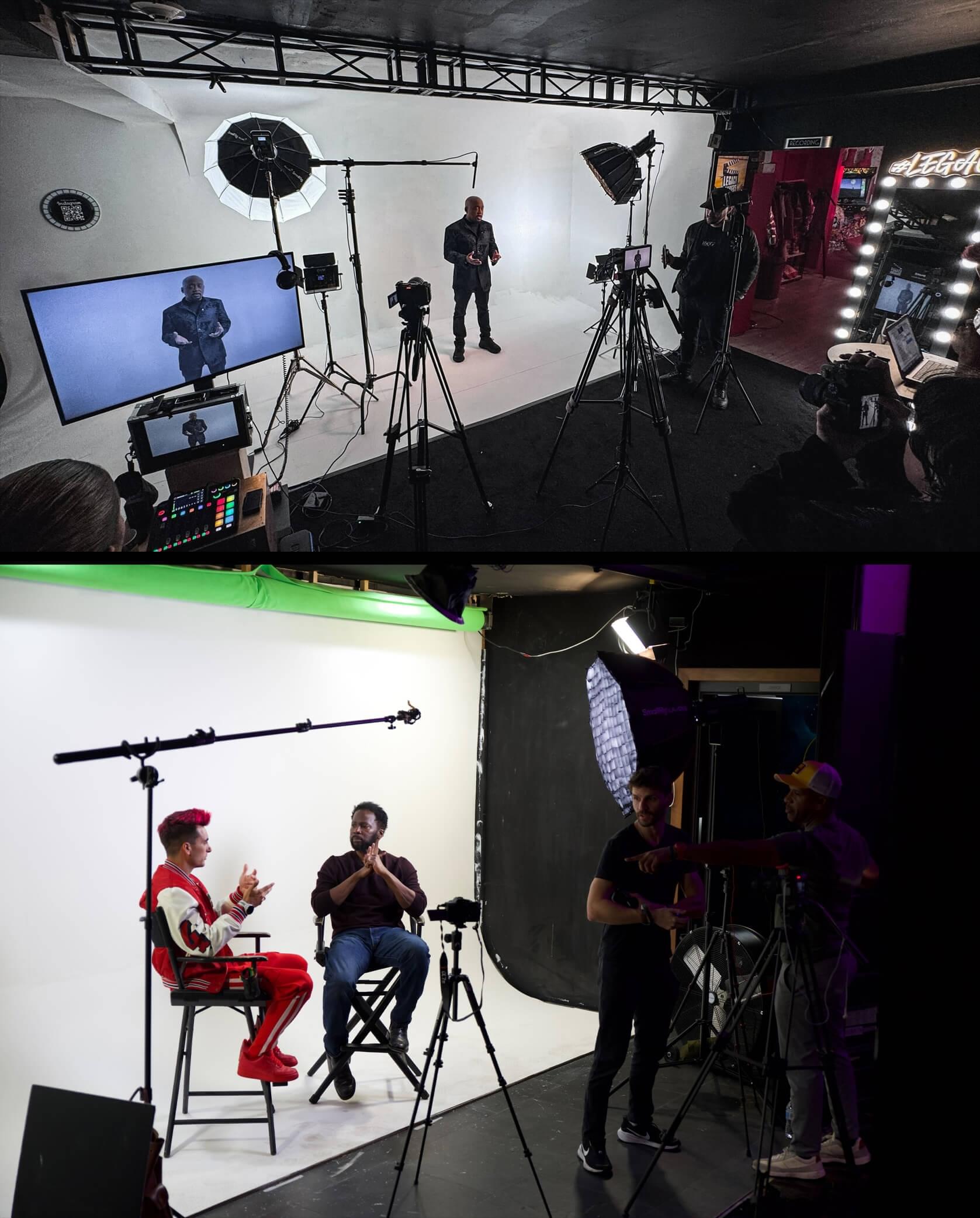 The images reveal a sophisticated studio environment equipped with professional lighting, multi-camera setups, and live monitoring. This infrastructure highlights a commitment to high-quality digital storytelling and professional brand authority.