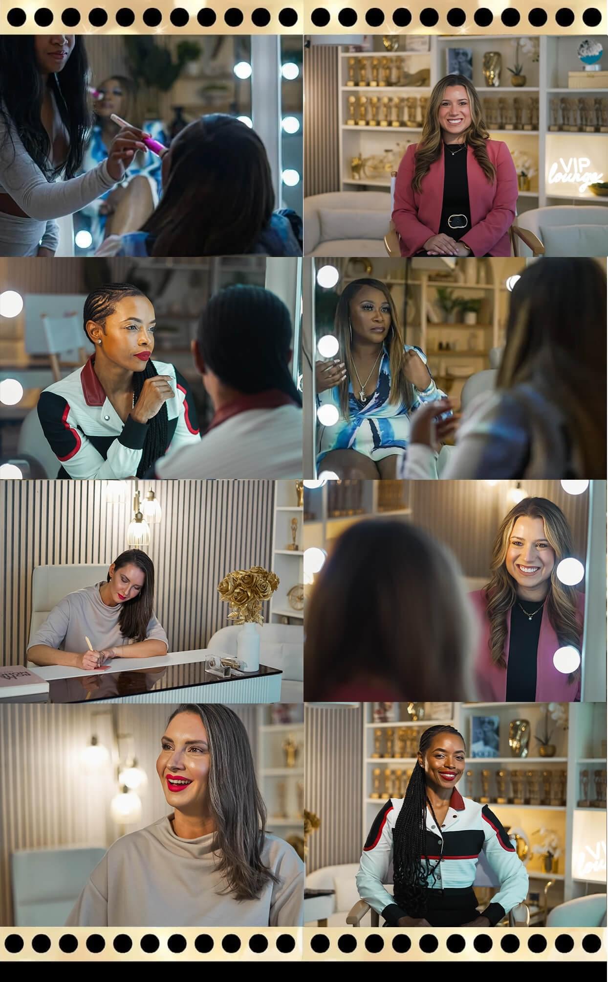  This collage captures the professional elegance and behind-the-scenes energy of a "VIP Lounge" setting, showcasing women in media and business.