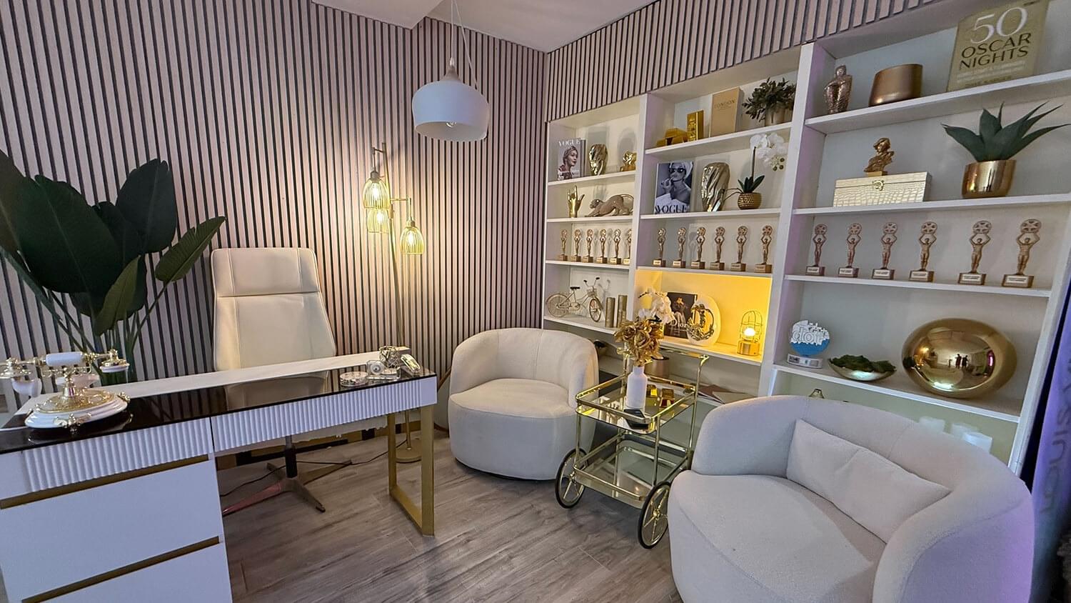 These images capture the vibrant, professional atmosphere of a high-end media studio and VIP lounge designed for the "Women in Power" brand.